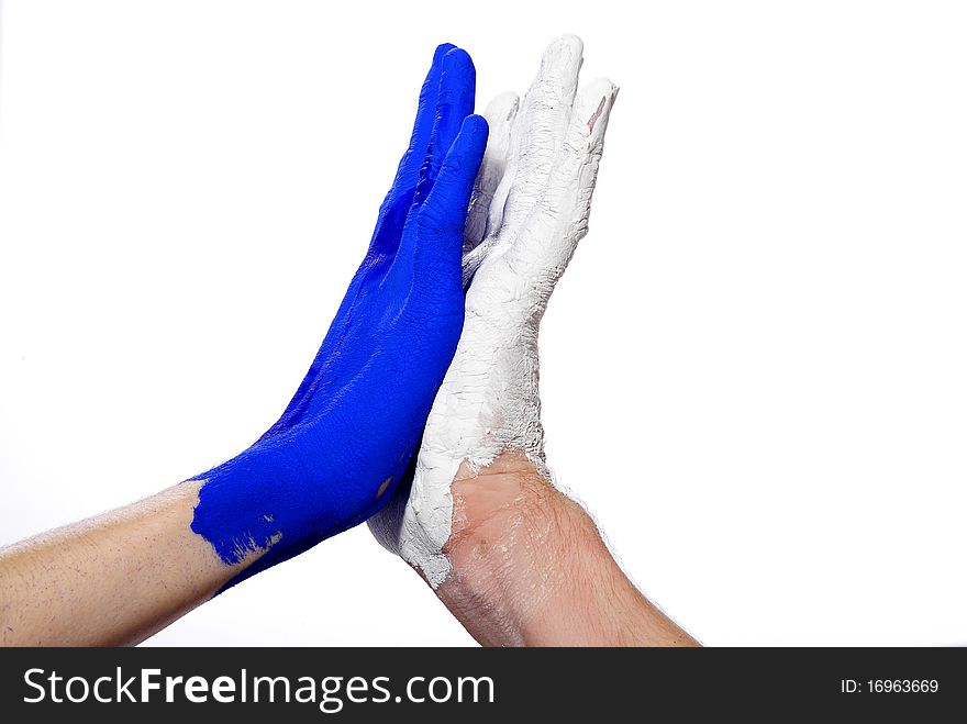 Blue and white hand high five