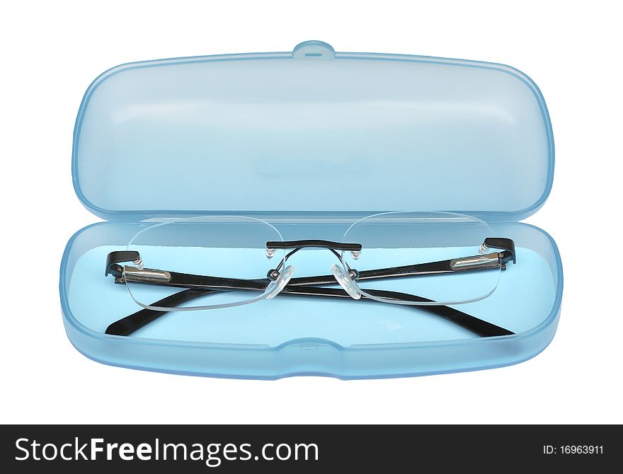 Open sweet blue glasses box with spectacles on white background.