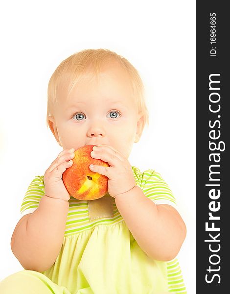 Young little baby eat red peach on white