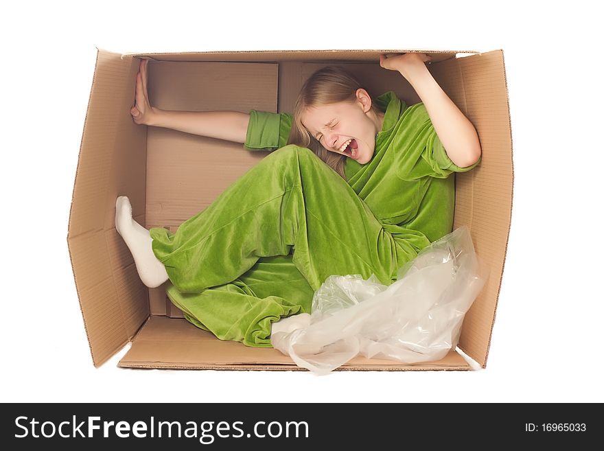 Young woman stretch box by hands and legs