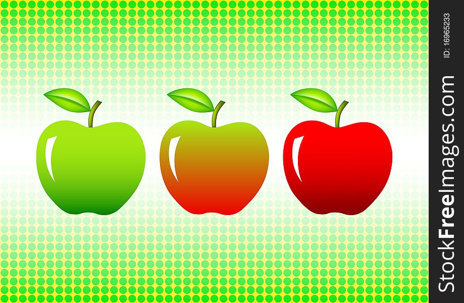 Three apples on a green background