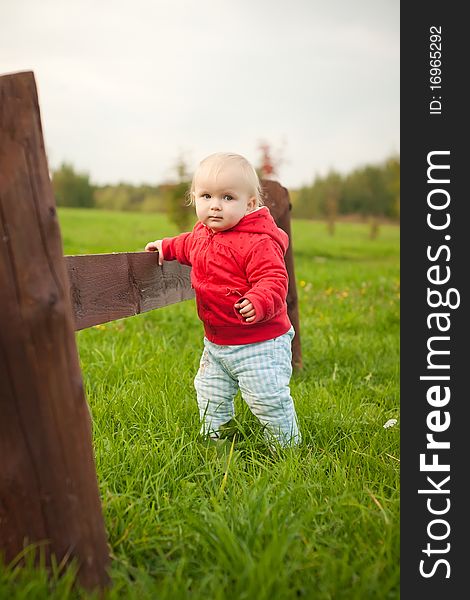 Young cheerful baby walk by grass along wood fence in park