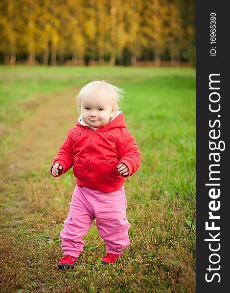 Young cheerful baby walk on grass road in autumn park. Young cheerful baby walk on grass road in autumn park