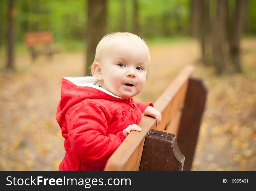 Young cheerful baby stay on wood bench in park forest and look to camera
