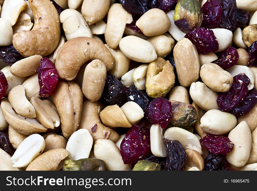 Background of mixed nuts and dried fruits