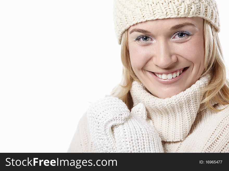 Woman in hat and mittens on a white background. Woman in hat and mittens on a white background