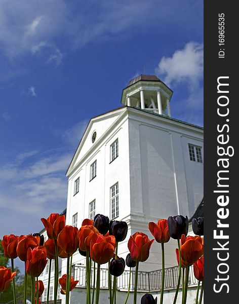 The old palace in Graasten Denmark - a view from the park with tulips in the foreground.