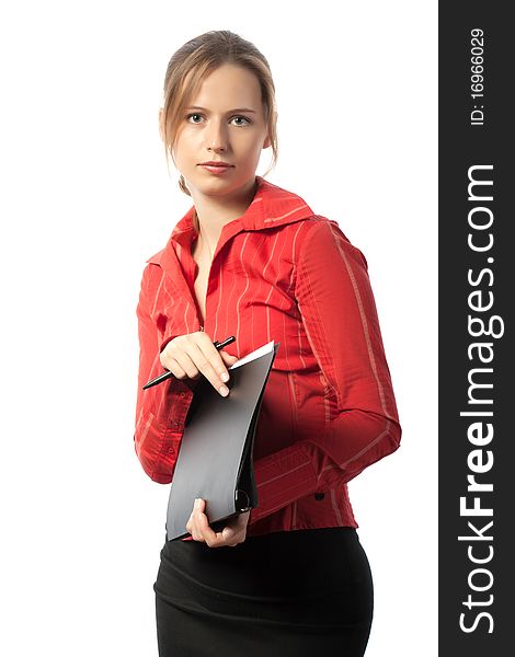 Businesswoman looking in camera holding black folder and pen. Businesswoman looking in camera holding black folder and pen