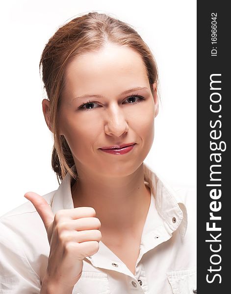 Businesswoman looking at camera with hand thumbs-up. Businesswoman looking at camera with hand thumbs-up