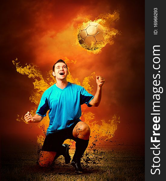 Football player in fires flame on the outdoors field. Football player in fires flame on the outdoors field