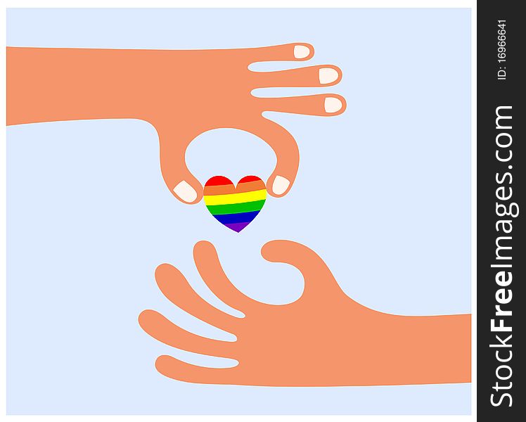 Vector of gay community flag shaped as human shared by two human hands. Vector of gay community flag shaped as human shared by two human hands