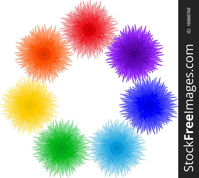 Flowers arranged in a circle on a white background, repeating colors of the rainbow, illustration. Flowers arranged in a circle on a white background, repeating colors of the rainbow, illustration