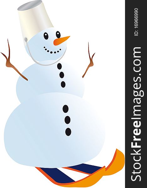 Vector illustration depicts a snowman in a bucket on his head