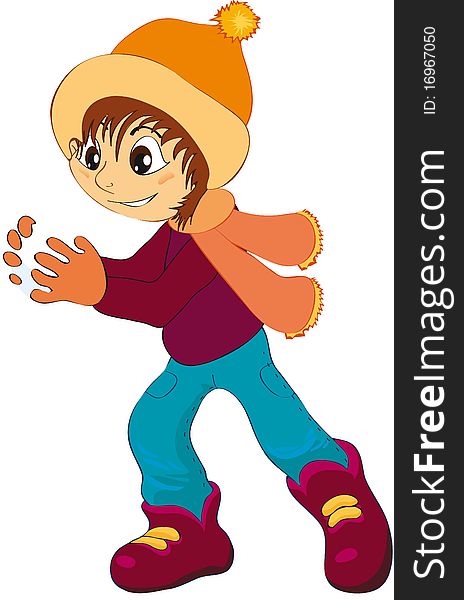 Vector illustration shows a child wearing a cap throwing snowballs. Vector illustration shows a child wearing a cap throwing snowballs