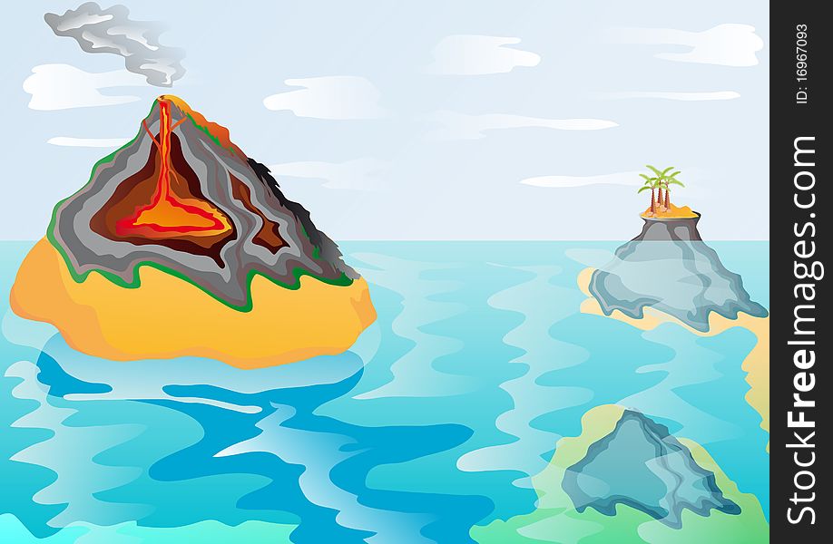 Vector illustration 2D shows a volcanic eruption. Vector illustration 2D shows a volcanic eruption