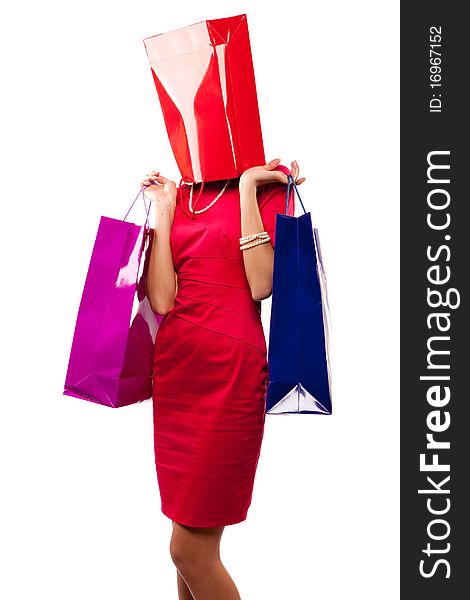 Woman in red drass with papper bag on her head. Woman in red drass with papper bag on her head