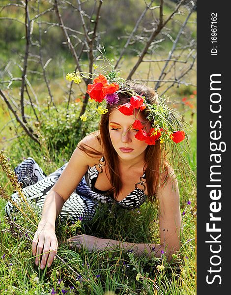 Woman And Circlet Of Flowers