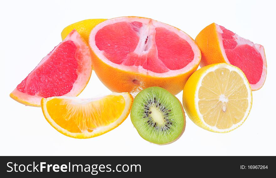 Orange, lemon, grapefruit and kiwi fruit on white background isolated. Orange, lemon, grapefruit and kiwi fruit on white background isolated.