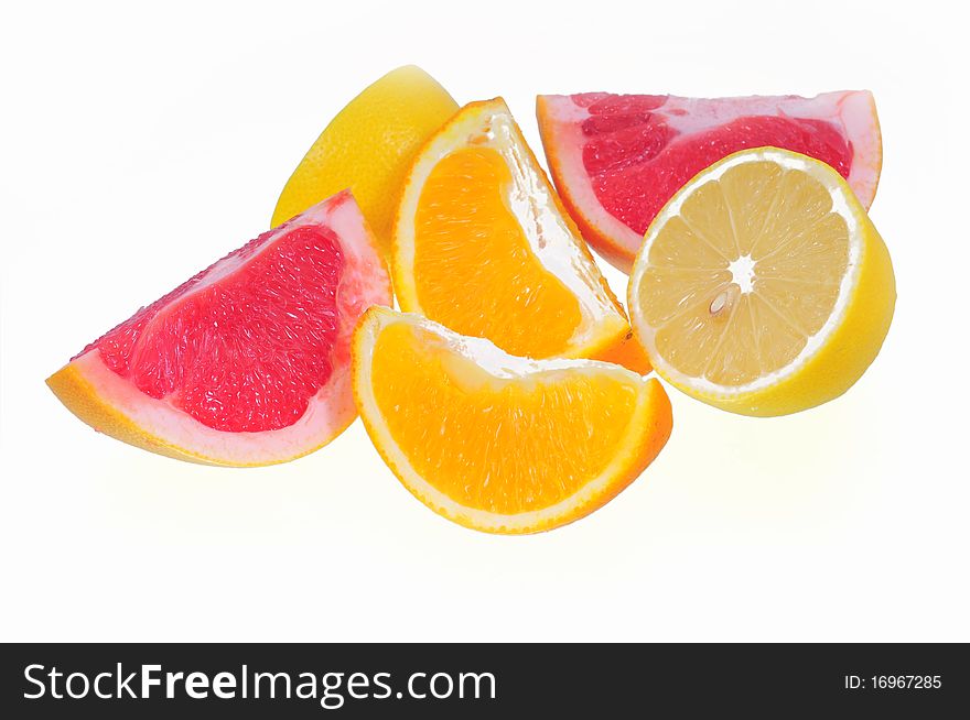 Orange, lemon, grapefruit on white background. Orange, lemon, grapefruit on white background.
