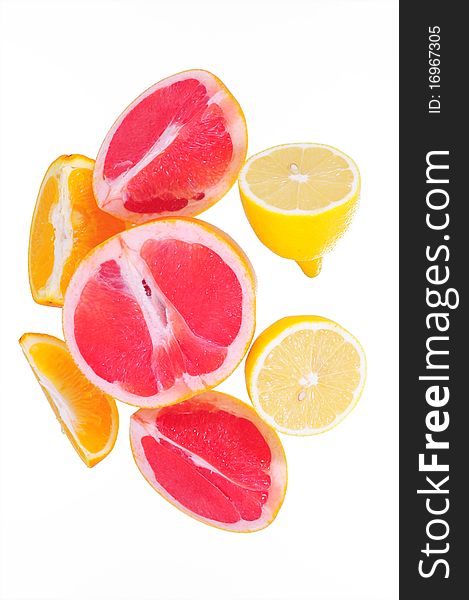 Orange, lemon, grapefruit on white background isolated. Orange, lemon, grapefruit on white background isolated.
