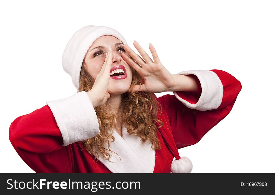 Portrait of beautiful girl wearing santa claus clothes issuing a call on white background. Portrait of beautiful girl wearing santa claus clothes issuing a call on white background
