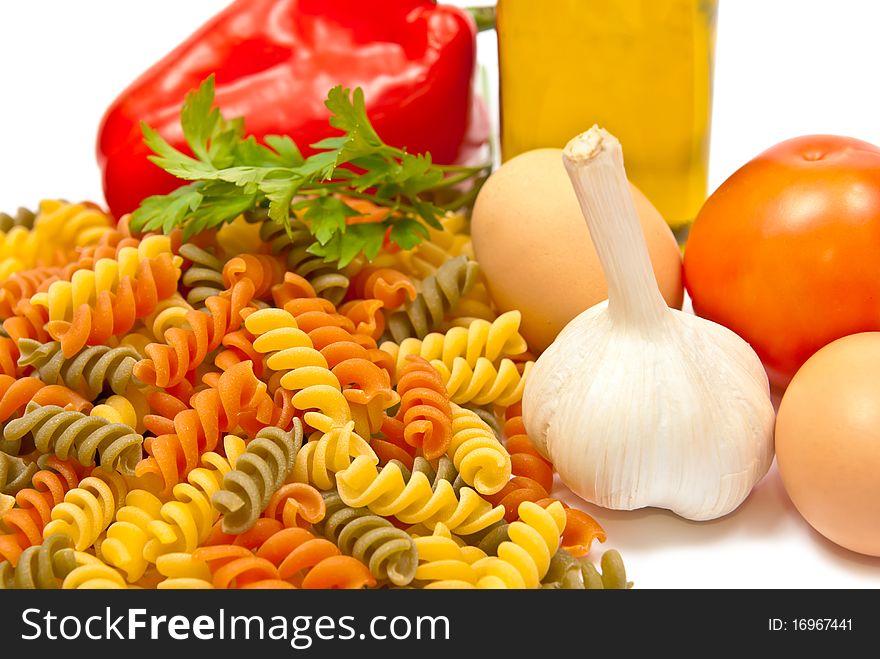 Close up of basic ingredients for italian pasta. White background. Close up of basic ingredients for italian pasta. White background