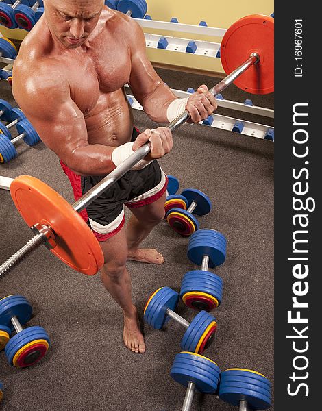 Muscular man with a bar weights in hands training