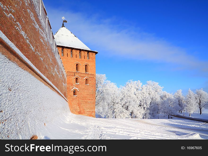 Ancient brick fortress on the snow hill. Ancient brick fortress on the snow hill