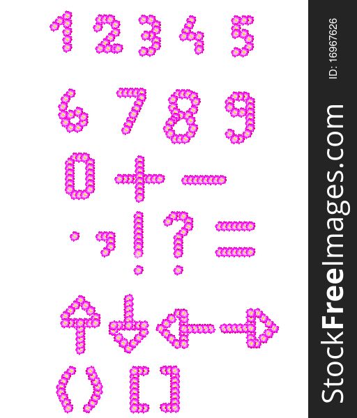 Numbers and sings made with pink flowers. Numbers and sings made with pink flowers