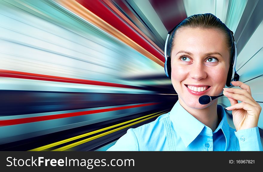 Businesswomen and train on speed in railway station. Businesswomen and train on speed in railway station