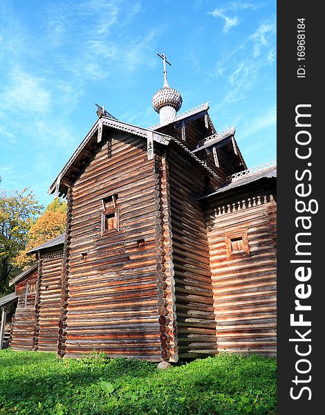 Aging wooden chapel in village