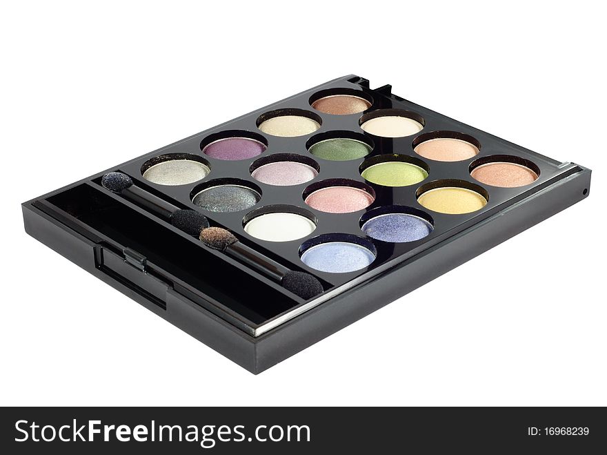 Eye shadows palette with two brushes. Isolated on white background with clipping path.