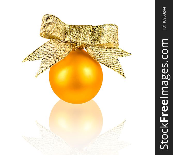 Christmas decoration isolated on the white background. golden christmas ball with ribbon