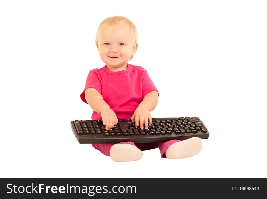 Cute cheerful girl typing on computer keyboard on white. Cute cheerful girl typing on computer keyboard on white