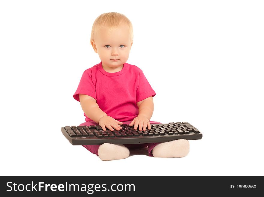 Cute cheerful girl typing on computer keyboard on white. Cute cheerful girl typing on computer keyboard on white