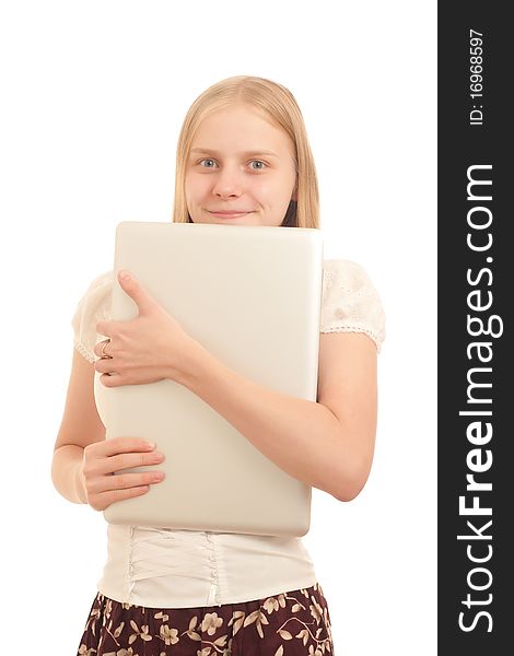 Portrait of Young adorable businesswoman hiding face with laptop on white. Portrait of Young adorable businesswoman hiding face with laptop on white