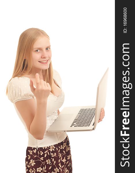 Young adorable businesswoman holding open laptop and showing come-on sign on white