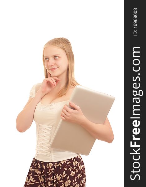 Portrait of Young adorable businesswoman holding silver laptop on white