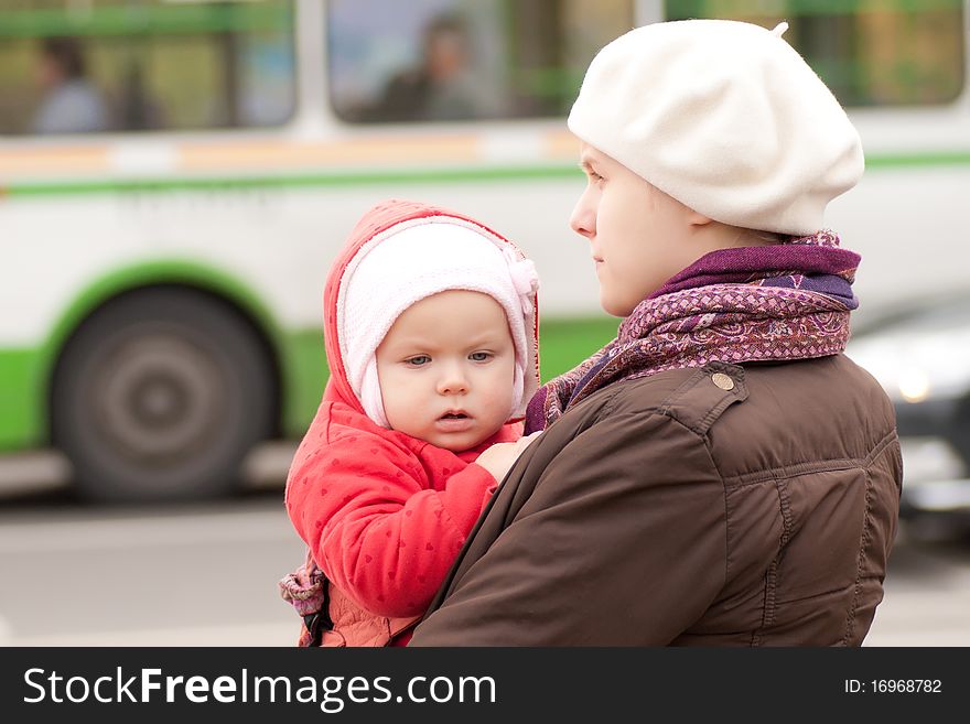 Adorable Mother And Daughter Stay On Crossroad