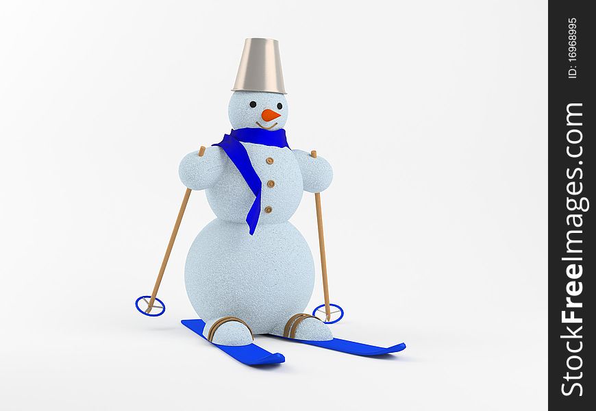 The snowman on skis in a blue scarf on a white background