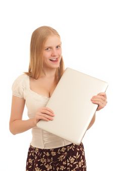 Businesswoman Holds Laptop Stock Image Businesswoman Holds Laptop Stock Image