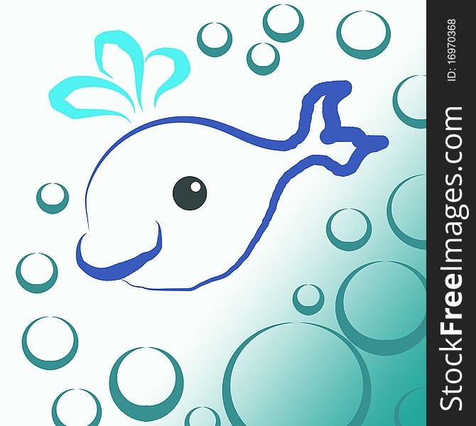 A cute little whale smiling and swimming through sea bubbles. Digital drawing. Coloured picture. A cute little whale smiling and swimming through sea bubbles. Digital drawing. Coloured picture.