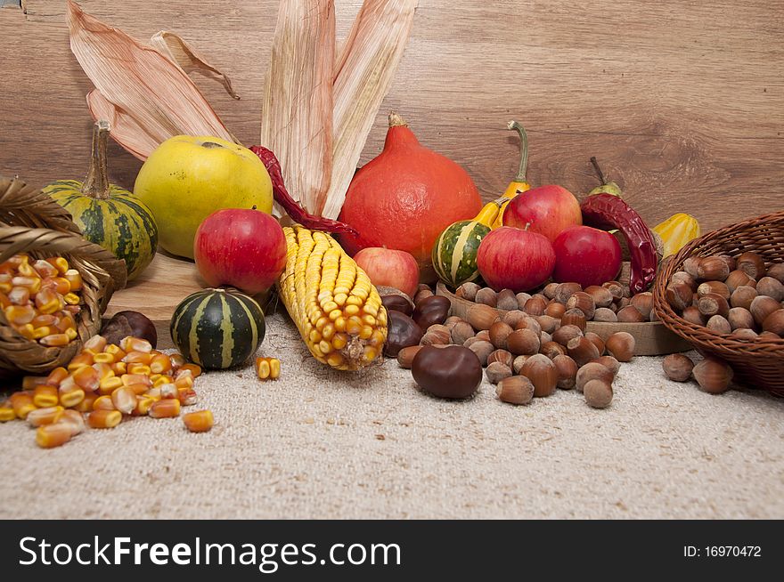 Autumn fruits with yellow leaves