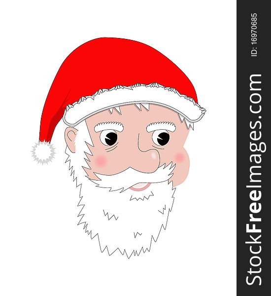 Face Santa Claus is isolated on a white background. Santa wears a red cap, it features a snow-white beard and mustache.