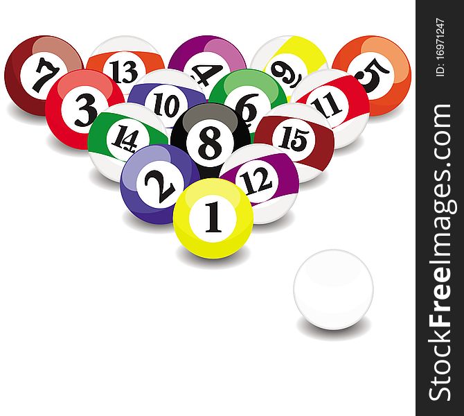 This image represents a complete set of pool / billiard balls. This image represents a complete set of pool / billiard balls
