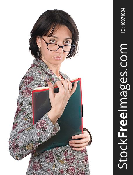 Woman with documents in hand, isolated on a white background. Woman with documents in hand, isolated on a white background