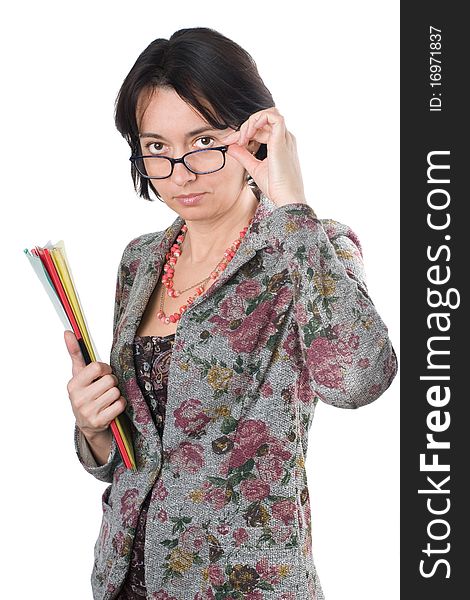 Woman with documents in hand, isolated on a white background. Woman with documents in hand, isolated on a white background