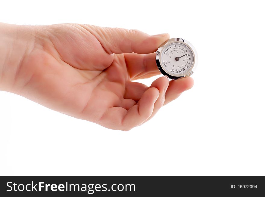 Man's hand is holding a thermometer on a white background. Man's hand is holding a thermometer on a white background.