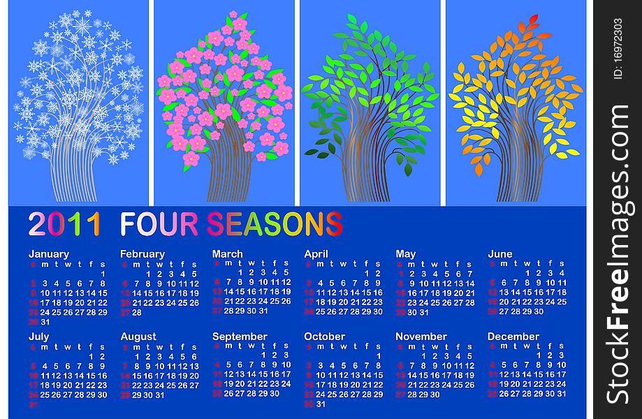 Classic calendar for 2011. four season tree. american style. vector. Classic calendar for 2011. four season tree. american style. vector.
