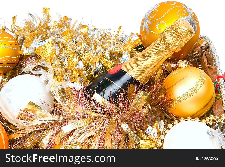 New Year's decoration in a wooden basket with hand bells. New Year's decoration in a wooden basket with hand bells
